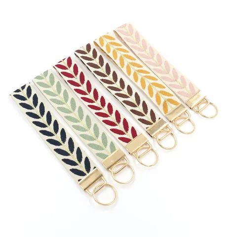 Ethno-Stil Blatt Stickerei Polyester Schlüsselanhänger Armband Für Damen Böhmisches Stoffband Schlüsselring Taschenanhänger Zubehör