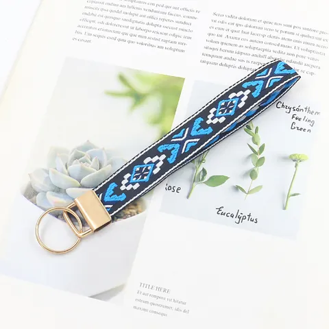Etnische Stijl Geometrische Jacquard Polyester Geweven Pols Sleutelhanger Met IJzeren Clip Voor Dames Heren Auto Sleutel Tas Decoratie