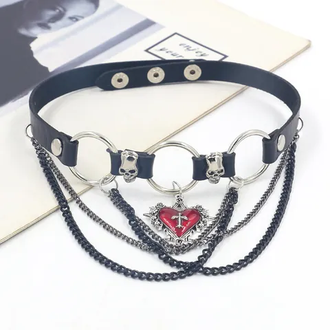 Punk Gothic PU Leather Choker Necklace For Women Heart Cross Skull Pendant Alloy Multi Layer Chain Adjustable Party Jewelry