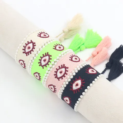 Boho Geweven Boze Oog Armband Met Imitatie Kunstparel Rand Borduurwerk Kwastje Verstelbare Etnische Vriendschapsarmband Vrouwen Sieraden Cadeau