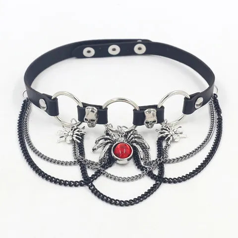 Gothic Punk Choker Necklace For Women Halloween Spider Skull Pendant Multi Layer Metal Chain PU Leather Collar Jewelry