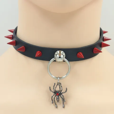 Punk Gothic PU Leather Choker Necklace With Red Spikes Rivets Metal O-Ring And Spider Pendant For Women Halloween Costume Jewelry