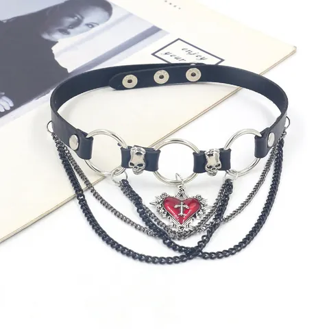 Punk Gothic PU Leather Choker Necklace For Women Heart Cross Skull Pendant Alloy Multi Layer Chain Adjustable Party Jewelry