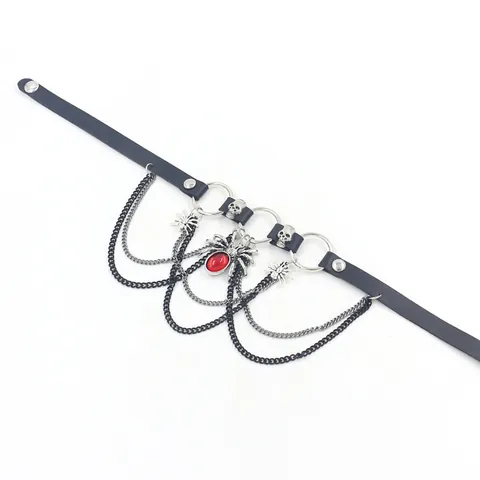 Gothic Punk Choker Necklace For Women Halloween Spider Skull Pendant Multi Layer Metal Chain PU Leather Collar Jewelry