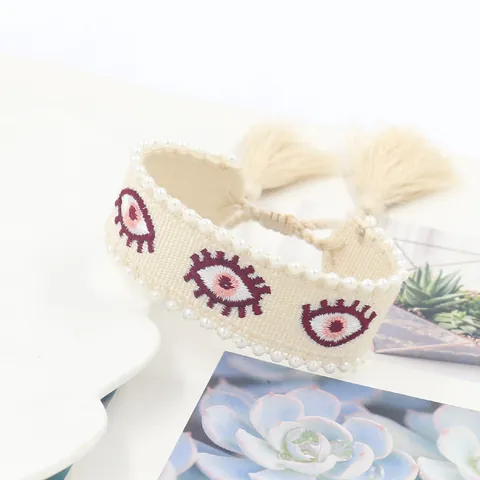 Boho Geweven Boze Oog Armband Met Imitatie Kunstparel Rand Borduurwerk Kwastje Verstelbare Etnische Vriendschapsarmband Vrouwen Sieraden Cadeau