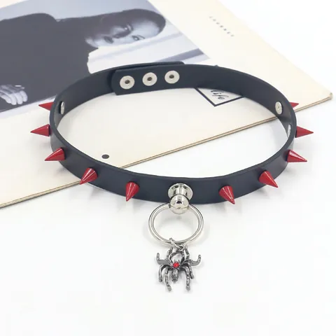 Punk Gothic PU Leather Choker Necklace With Red Spikes Rivets Metal O-Ring And Spider Pendant For Women Halloween Costume Jewelry