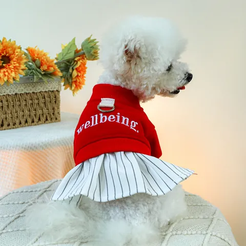 Cute Red Pet Dog Cat Dress With Bow Lace Artificial Pearl Embroidery Letter Patchwork Striped Puppy Small Dog Warm Clothes Costume