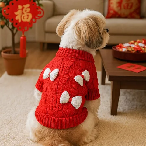 Festive Red Pet Winter Sweater Acrylic Knit Warm Dog Cat Clothes With White Bows For Small Dogs Christmas New Year Outfit