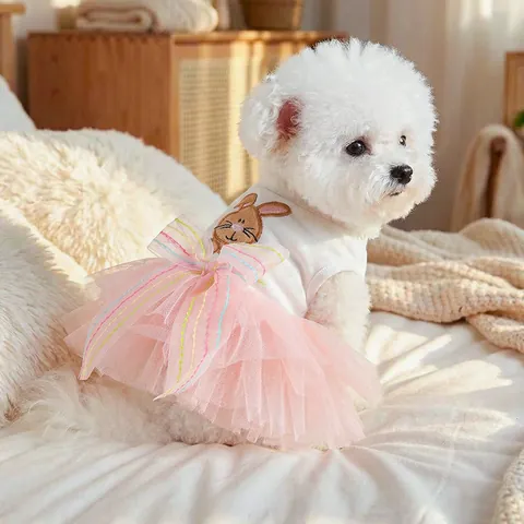 Vestito Tutu per Animali Domestici con Ricamo di Coniglio di Pasqua Dolce Principessa Rosa in Rete con Fiocco Abbigliamento per Cuccioli e Gattini Primavera Estate