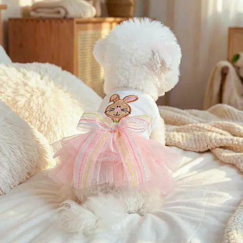 Vestito Tutu per Animali Domestici con Ricamo di Coniglio di Pasqua Dolce Principessa Rosa in Rete con Fiocco Abbigliamento per Cuccioli e Gattini Primavera Estate