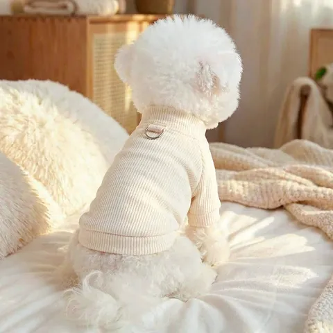 Weicher Rippstrick Haustier Pullover Mit D-Ring Leinenbefestigung Für Kleine Hunde Katzen Welpen Warme Polyester Weste Cremeweiß Kleidung