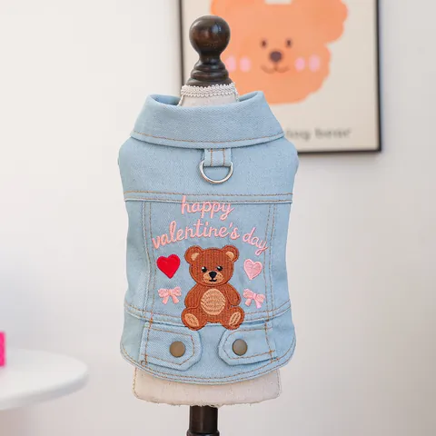 Chaleco de Mezclilla para Mascotas Día de San Valentín Chaqueta Bordado Oso Corazón Anillo en D Perro Gato Cachorro Ropa Denim Azul Claro