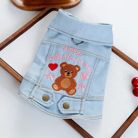 Chaleco de Mezclilla para Mascotas Día de San Valentín Chaqueta Bordado Oso Corazón Anillo en D Perro Gato Cachorro Ropa Denim Azul Claro