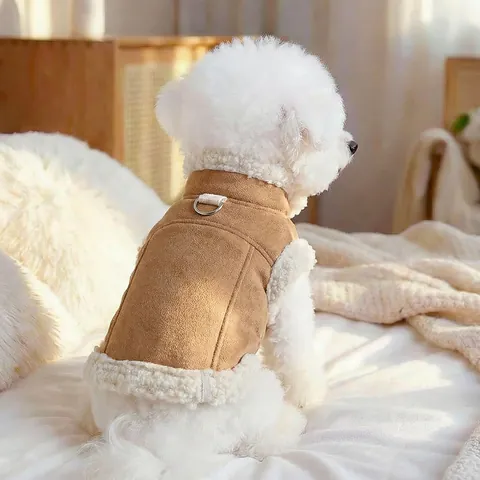 Chaqueta para Perro de Gamuza y Lana de Cordero Sintética Chaleco de Invierno Cálido Engrosado Con Anillo en D y Cremallera