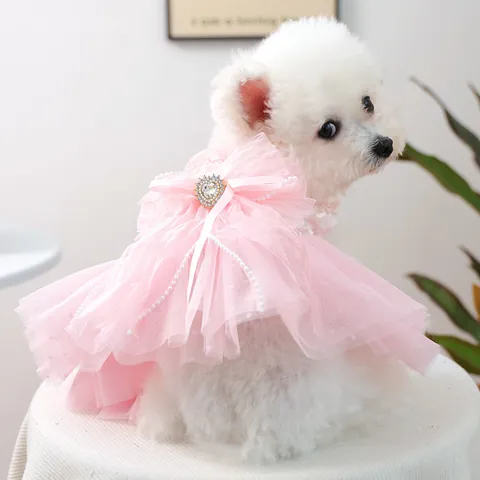 Roze Kant Huisdier Hond Jurk Prinses Tutu Trouwjurk Voor Kleine Honden Katten Puppy Kunstparel Strik Strass Feestkleding