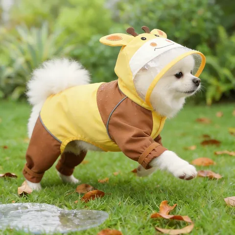 Impermeabile per Animali Domestici Motivo Giraffa Con Cappuccio Giacca a Quattro Zampe Tesa Trasparente Striscia Riflettente Cani