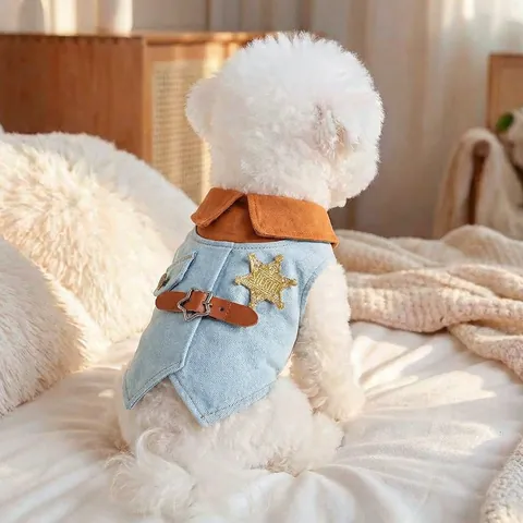Sheriff Stil Haustier Denim Weste Hellblau Cowboy Hund Katze Jacke Mit Stern Abzeichen Kostüm Frühling Herbst Kleidung