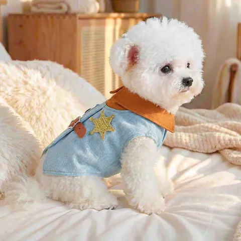 Sheriff Stil Haustier Denim Weste Hellblau Cowboy Hund Katze Jacke Mit Stern Abzeichen Kostüm Frühling Herbst Kleidung