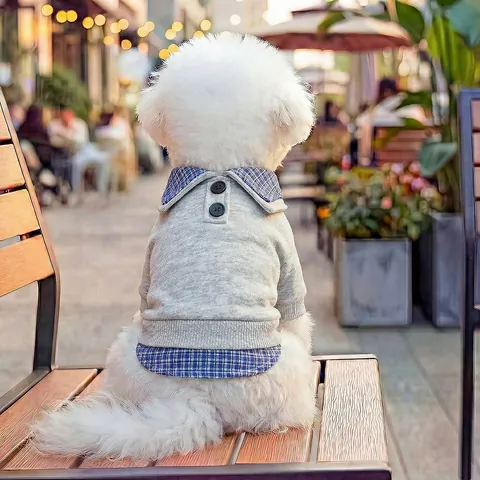 Academy Style Plaid Collar Pet Sweater Faux Two Piece Knitted Dog Clothing Small Dog Cat Gray Blue Plaid Puppy Shirt
