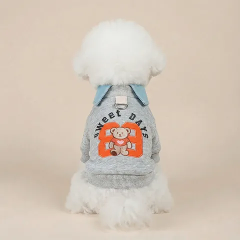 Preppy Academy Style Pet Hoodie Knitted Polyester Faux Two Piece Sweatshirt With D-Ring Leash Attachment Cartoon Bear Embroidery Small Dogs Cats