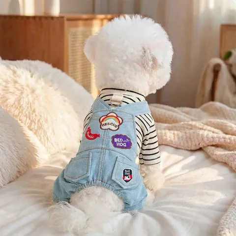 Conjunto de Ropa Casual Para Mascotas Camisa de Rayas Overol de Mezclilla Azul Claro Con Parches de Arcoíris Para Perros Gatos