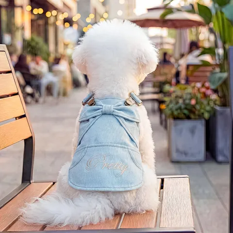 Vestido de Mezclilla para Mascotas Arnés Perro Gato Lazo Bordado Chaleco Ajustable Cachorro Ropa de Primavera Otoño Exterior