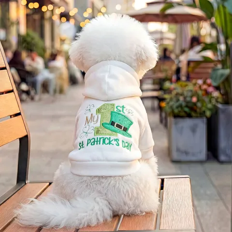 Felpa con Cappuccio per Cani San Patrizio My 1st St Patrick's Day Bianca Morbida Felpa per Animali Con Ricamo a Trifoglio Vestiti per Cani