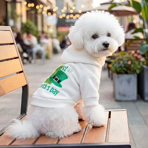 Felpa con Cappuccio per Cani San Patrizio My 1st St Patrick's Day Bianca Morbida Felpa per Animali Con Ricamo a Trifoglio Vestiti per Cani