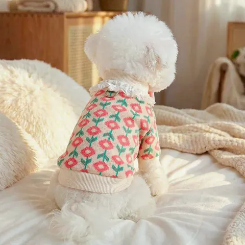 Sweet Pet Knit Sweater With Lace Collar Bowknot Tulip Floral Pattern And Leash D-Ring Small Dogs Cats Puppy Kitten Clothes