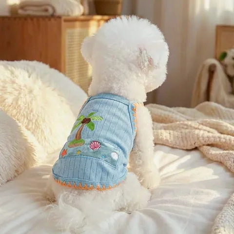 Gilet d'Été pour Animaux Petit Chien Chat Respirant Tricot à Côtes T-Shirt Cocotier Brodée Vêtements Chiot Sans Manches