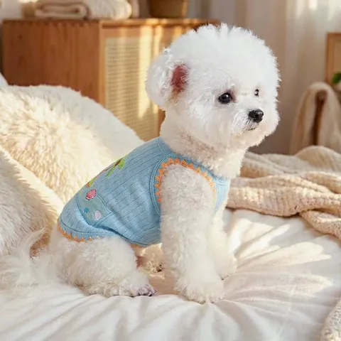 Gilet d'Été pour Animaux Petit Chien Chat Respirant Tricot à Côtes T-Shirt Cocotier Brodée Vêtements Chiot Sans Manches
