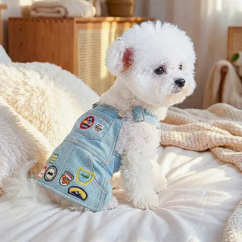 Vintage Pet Denim Suspenders Dress Adjustable Small Dog Cat Clothing With Embroidered Patches Light Blue Jeans Vest
