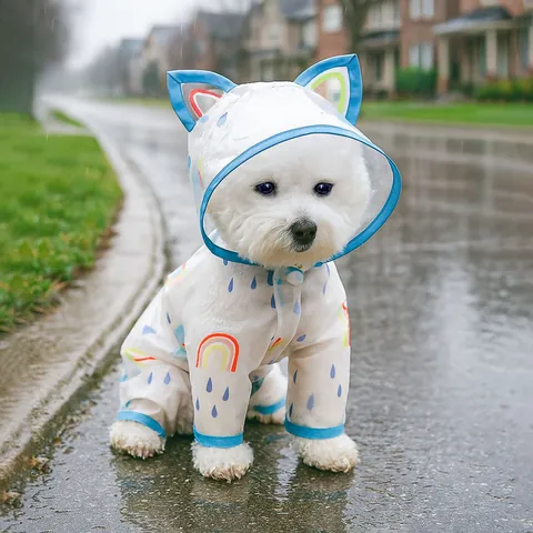 Wasserdichter Haustier Regenmantel Regenbogen Wolken Druck Mit Kapuze Vierbeinig Regenponcho Für Kleine Mittlere Hunde Katzen Welpen