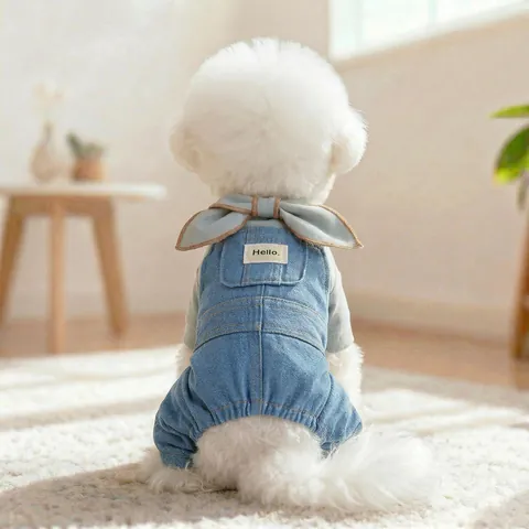 Pet Dog Cat Denim Overalls Two-Piece Set Cute Bowtie Shirt And Jeans Pants For Small Dogs Puppies Kitties Pet Apparel