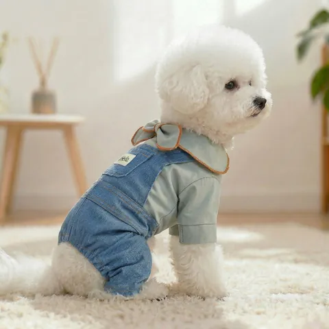 Pet Dog Cat Denim Overalls Two-Piece Set Cute Bowtie Shirt And Jeans Pants For Small Dogs Puppies Kitties Pet Apparel