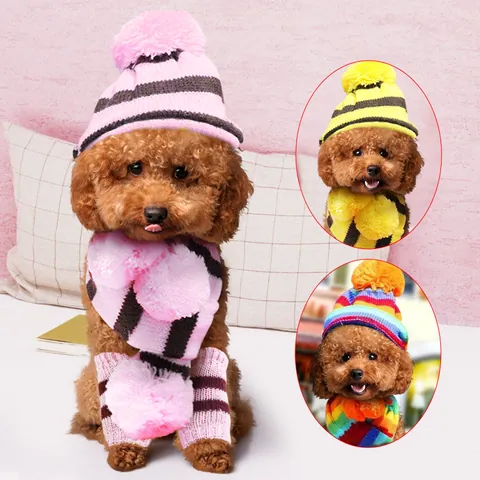 Huisdier Winter Warm Gebreid Hoed Sjaal En Beenwarmers Regenboog Gestreept Ontwerp Met Pompons Voor Kleine Honden Katten Puppy Accessoire