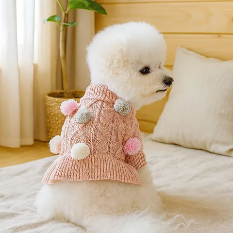 Haustier Strickpullover Kleid Mit Pompons Rüschen Matrosenkragen Warme Herbst Winter Kleidung Für Kleine Hunde Katzen