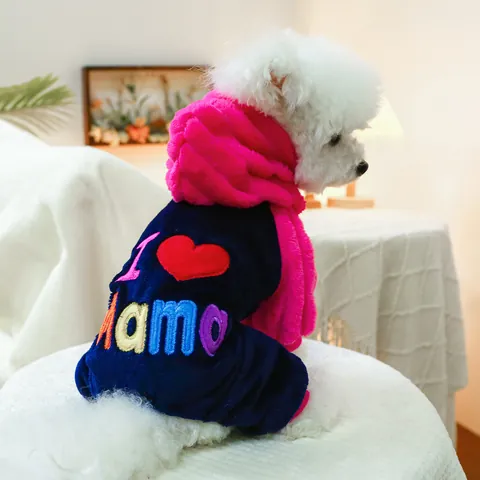 Thickened Coral Velvet Pet Jumpsuit Autumn Winter Warm Dog Clothes Four-Legged Pajamas With I Love Mama Papa Embroidery For Small Dogs Cats