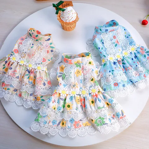 Pet Dog Cat Floral Princess Dress Lace Ruffle Bowknot Summer Puppy Apparel Small Dog Skirt Wedding Party Clothes Decorative
