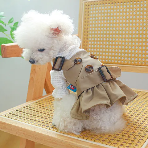 Vestito Trench per Cani Stile Britannico Con Colletto in Pizzo Vestiti per Animali Cachi per Cani Piccola Taglia Teddy Bichon Pomerania Outfit