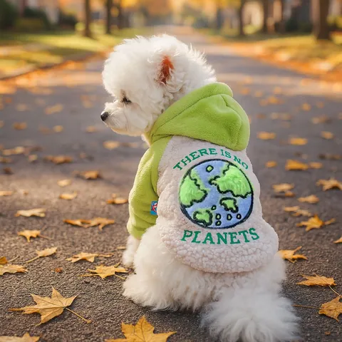 Sweat à Capuche Doux en Polaire pour Animaux Automne Hiver Chaud Chien Chat Avec Broderie Terre There Is No Planet B Vêtements pour Petits Chiens