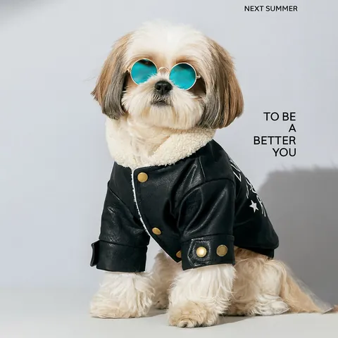 Cool Pet Denim PU Leather Jacket Winter Warm Fleece Dog Clothes Puppy Cat Coat With Embroidery Metal Buttons Fashion Pet Clothing