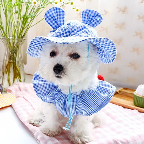 Süßer Gingham Muster Haustier Sonnenhut Mit 3D Ohren Für Kleine Hunde Und Katzen Atmungsaktiver Polyester Welpen Hut Outdoor Deko Kappe