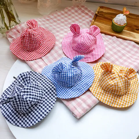 Süßer Gingham Muster Haustier Sonnenhut Mit 3D Ohren Für Kleine Hunde Und Katzen Atmungsaktiver Polyester Welpen Hut Outdoor Deko Kappe