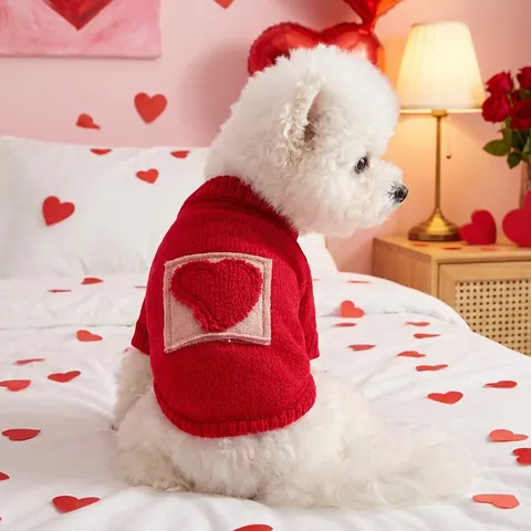 Huisdier Hond Kat Gebreide Trui Rood Hart Patchwork Warm Winter Gehaakte Pullover Voor Puppy Kleine Middelgrote Honden Katten Valentijn Kleding