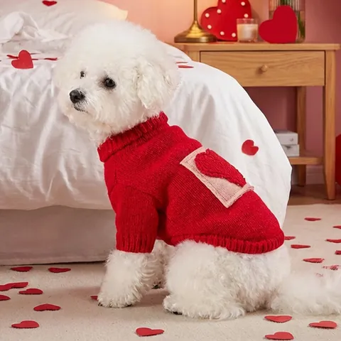 Huisdier Hond Kat Gebreide Trui Rood Hart Patchwork Warm Winter Gehaakte Pullover Voor Puppy Kleine Middelgrote Honden Katten Valentijn Kleding