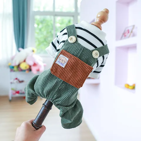 Pet Dog Striped Shirt And Corduroy Overalls Casual Small Medium Dog Clothes For Puppy Cat Soft Comfortable Apparel