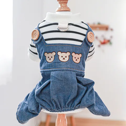 Cute Bear Embroidery Pet Denim Overalls Striped Long Sleeve Jumpsuit For Small Dogs Cats Comfort Cotton Blend Dog Clothes With Metal D-Ring