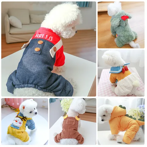 Extra Thick Winter Pet Dog Jumpsuit Warm Velvet Lined Four-Legged Cotton Coat Cartoon Dinosaur Bear Rabbit Pet Clothing For Teddy Bichon