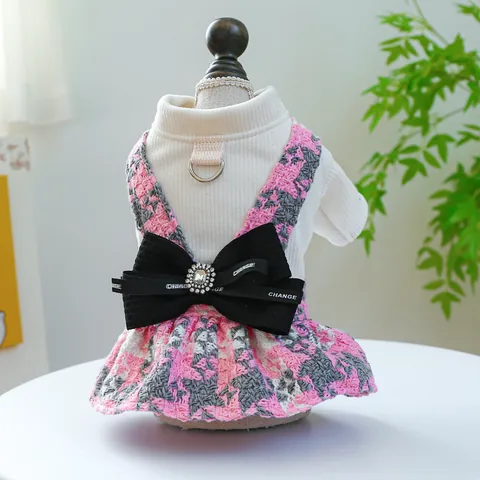 Haustier Klassisches Hahnentritt Schleife Kleid Mit D-Ring Rosa Grau Herbst Winter Warm Hund Katze Rock Kleidung